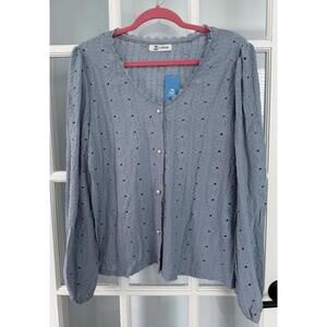 NWT Cupshe Blue Women's Blouse Floral Long Sleeve, Size Large